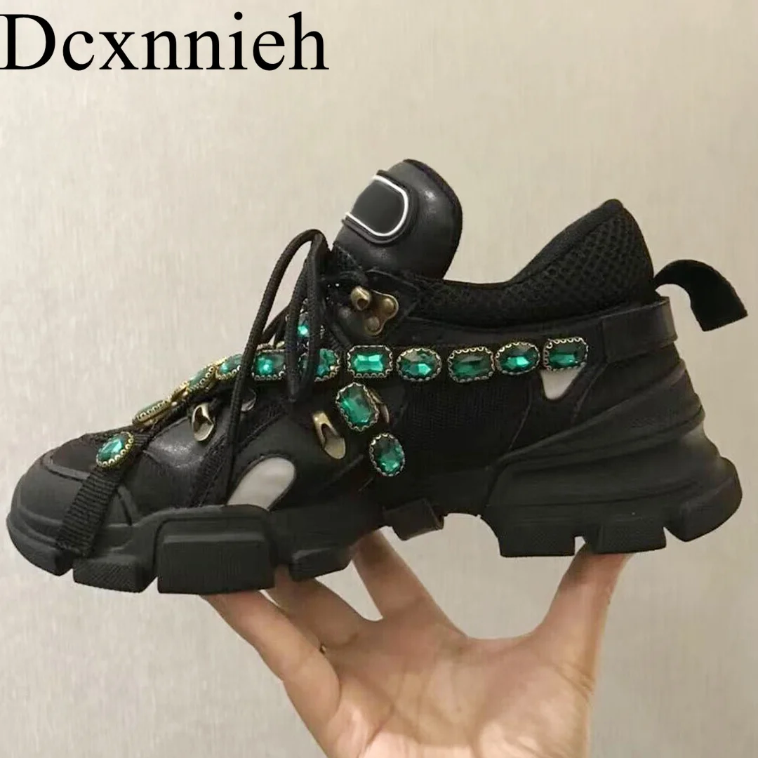 

New Genuine Leather Flat Shoes Unisex Spring Autumn Round Toe Thick Bottom Crystal Decor Leisure Shoes Comfort Lace-up Sneakers