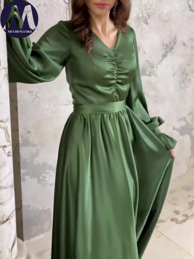 

Элегантные платья для женщин весна-лето 2024 новинка платье с длинным рукавом и V-образным вырезом со складками модные облегающие Женские вечерние платья