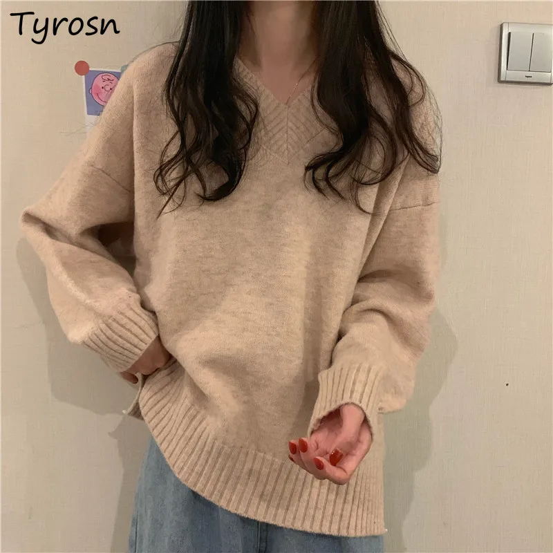 

Women V-neck Pullovers Soft Elegant Fashion Solid Cozy Simple Temperament Chic Sweaters All Match Casual Ulzzang Students New