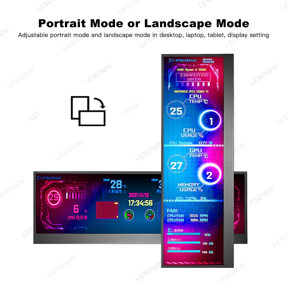 LESOWN  ,  HDMI ġ ũ, ޴ µ PC  г ÷, IPS 1920x550,   Aida64 , 14.1 ġ