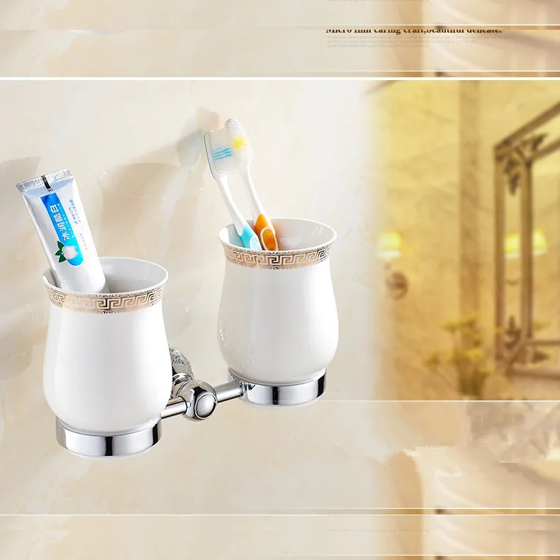 Stainless steel crystal gold toothbrush cup holder Ceramic two-cup bathroom storage rack pendant set