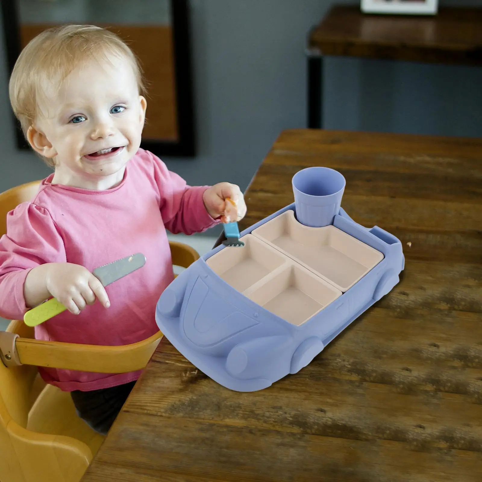 Baby Dishes Separate Plates Food Tray with Water Cup Car for Kids Car-shaped Dinner Fruit Platter Tableware