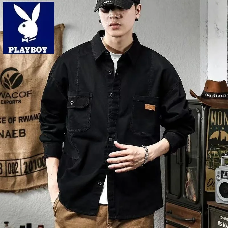 플레이보이 남성용 긴팔 작업복 재킷 심플하고 다재다능한 폴로 셔츠 코튼 따뜻한 형태 메모리 버튼업 캐주얼 아메리칸 스타일