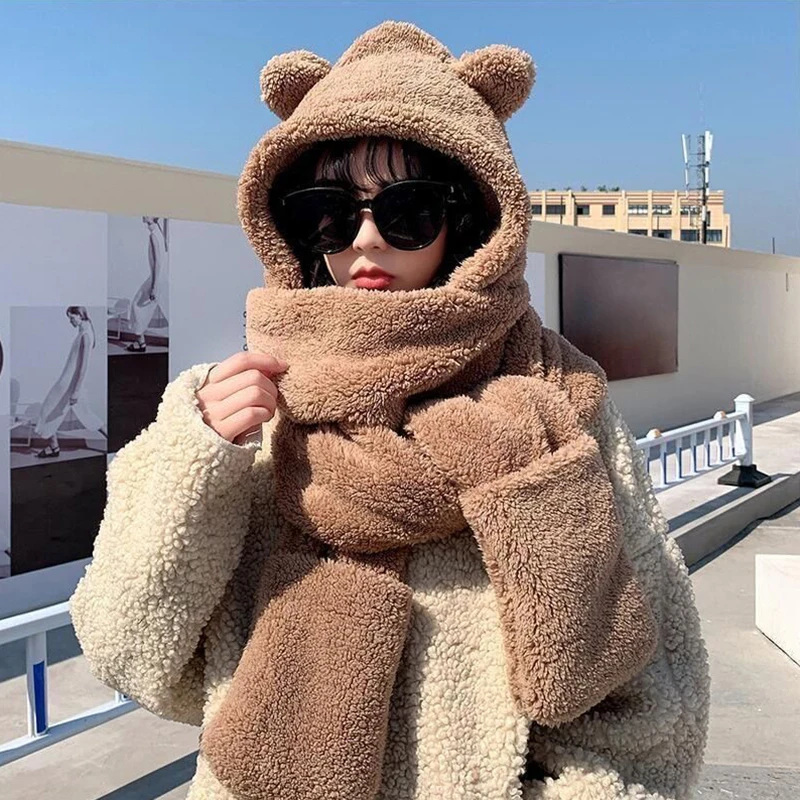 Windproof winter hat cute bear ear hat scarf gloves set for women