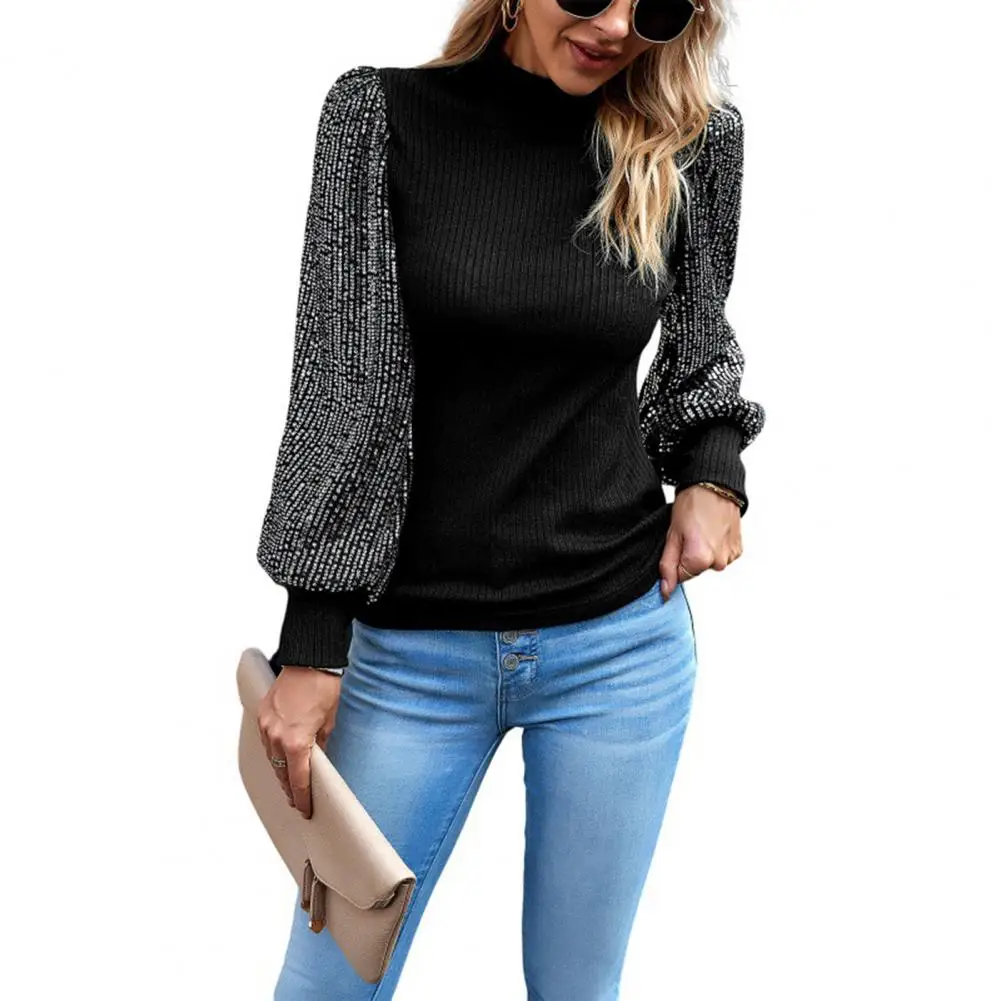 

Mock Neck Women Blouse Stylish Women's Sequin Patchwork Blouses Slim Fit Mock Neck Puff Sleeves Trendy Long Sleeve for Casual