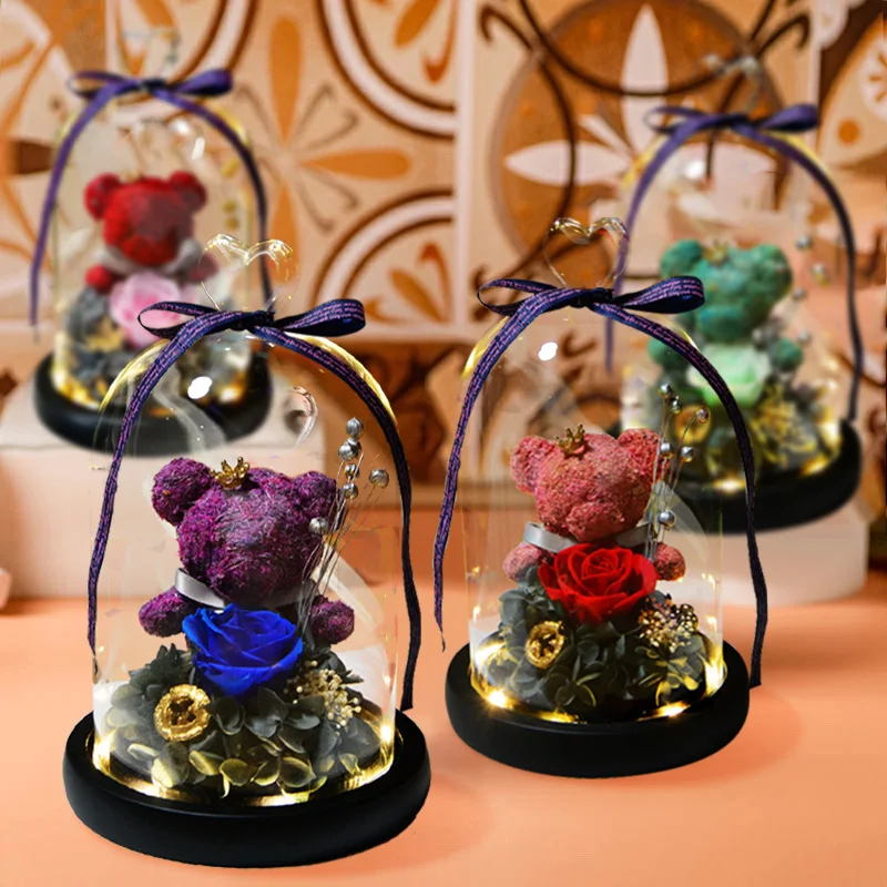 

Valentine's Day Teddy Bear Rose Led Glass Eternal Rose Preserve Flowers Mother Valentine's Day Wedding Gift