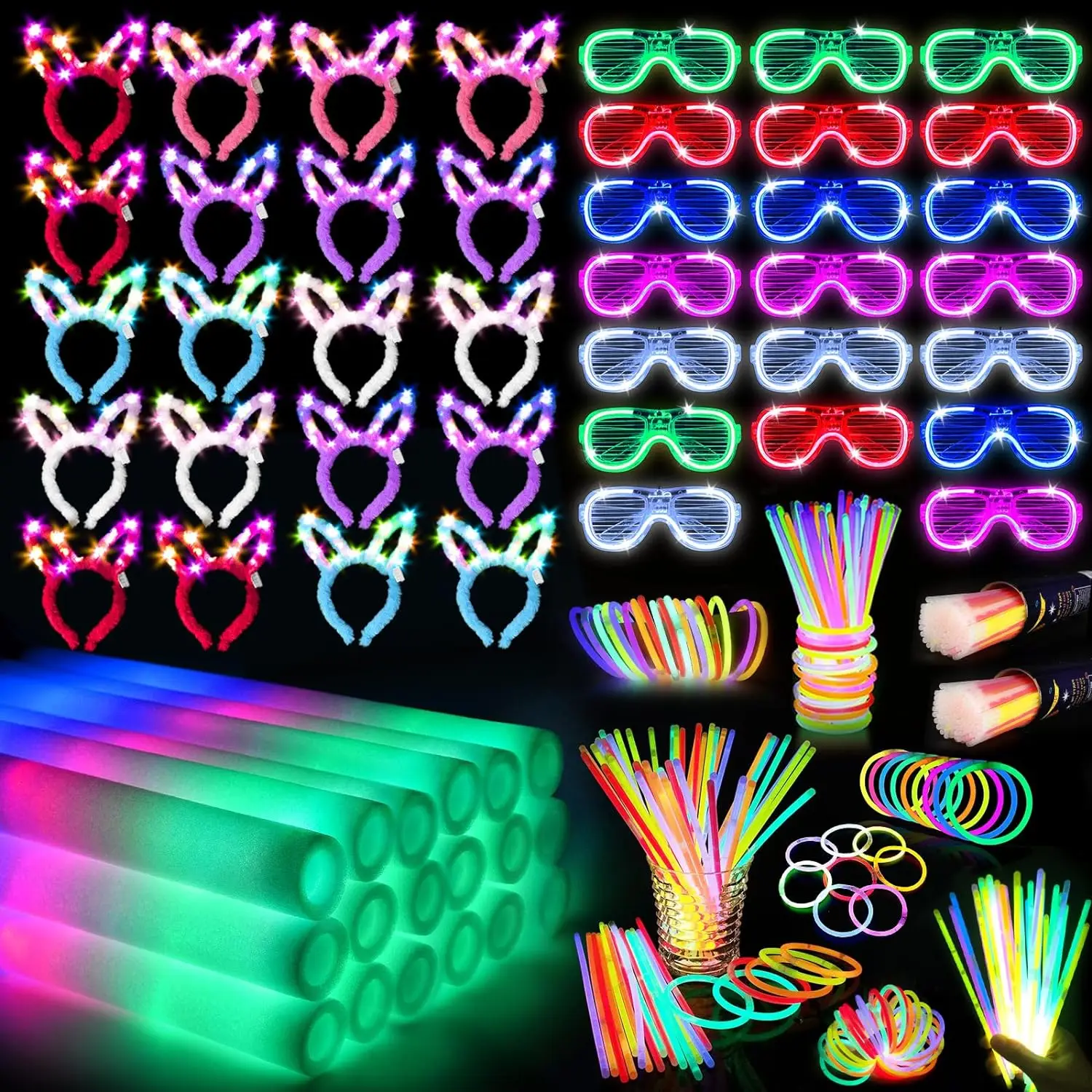 

Glow Sticks Glasses Favors, 20PCS Foam Glow Sticks, 20PCS LED Glasses, 20PCS Bunny Ear Headband 200PCS Glow Sticks