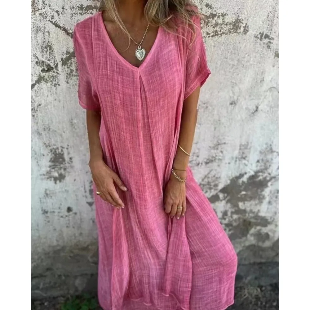 

Women's Long Dress 2024 Summer Simple Solid Color V-neck Short Sleeve A-line Folds Loose Casual Beach Party Dresses For Woman