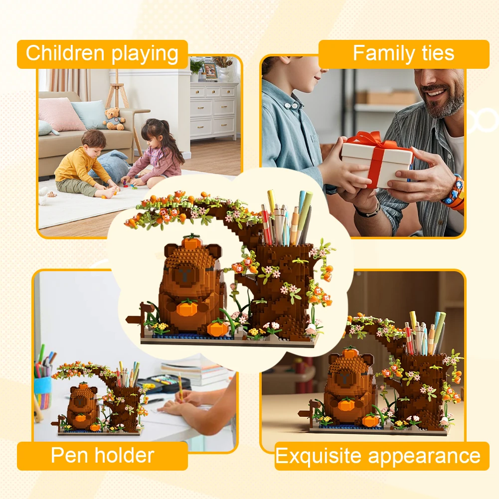 1880Pcs Capybara Building Block Pen Holder Multi-Function Desk Organizer for Office Cosmetics Birthday Gift Desktop Decor