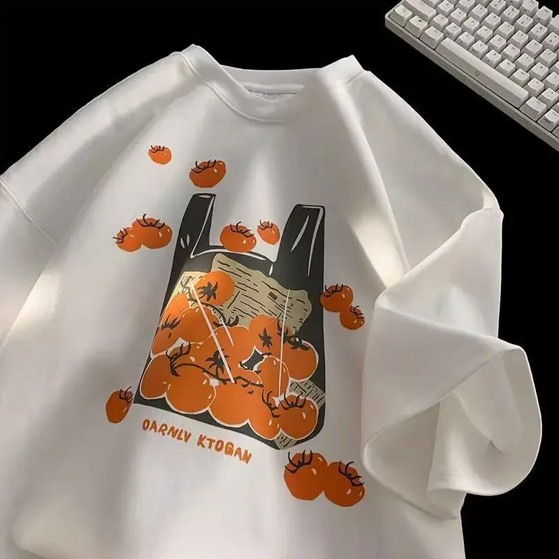 

100% Pure Cotton Japanese Cartoon Anime Orange Print Short Sleeved T-shirt for Women 2024 Summer New Loose Half Sleeved Ins