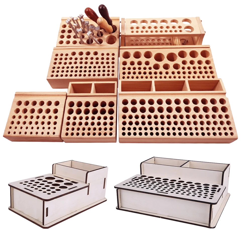 Description Picture 2 of itemCarving Punching Tools Holder Organizer 46/98 holes Pine Wooden Leather craft Rack Stand Storage Box Storing Leather Tool DIY