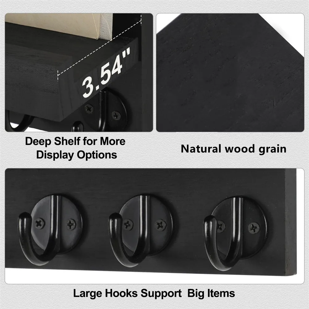 Wall Mounted Key Holder for Entryway Decorative Wall Shelf with Hooks Holds Key Rings Dog Leash Wallet Purse Wood Key Hanger 6