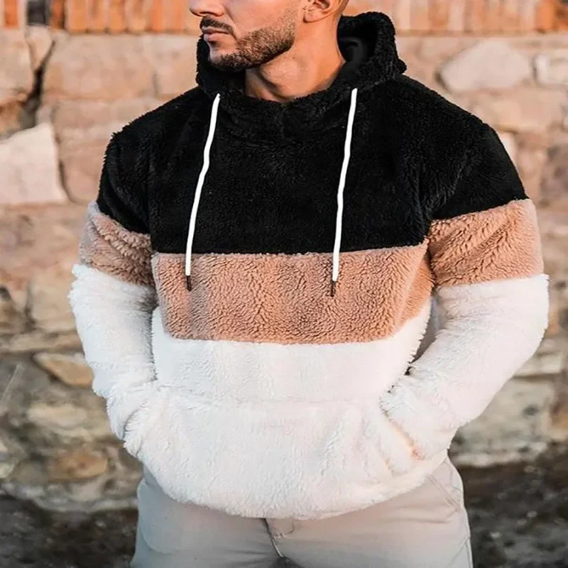 Winter Men Hoodies Plush Fluffy Sweatshirt Double Sided Long Sleeve Autumn Fashion Patchwork Warm Hooded Sweatshirt Outerwear
