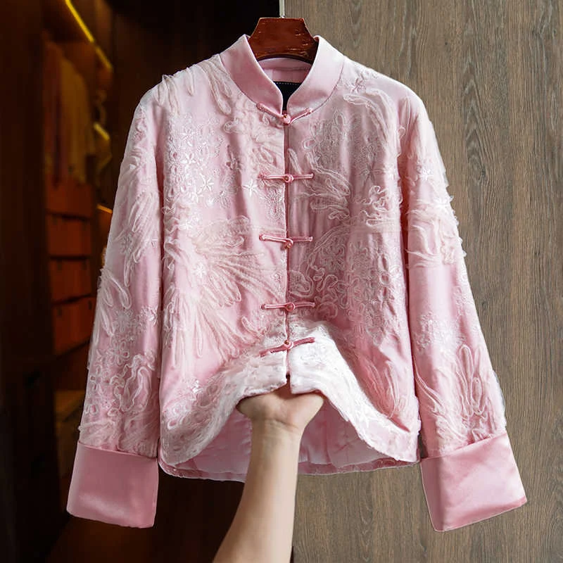 

Retro Stand Collar High End Gold Velvet Cotton Coat Women's New Chinese Style Three-Dimensional Embroidery Jacket S-XL
