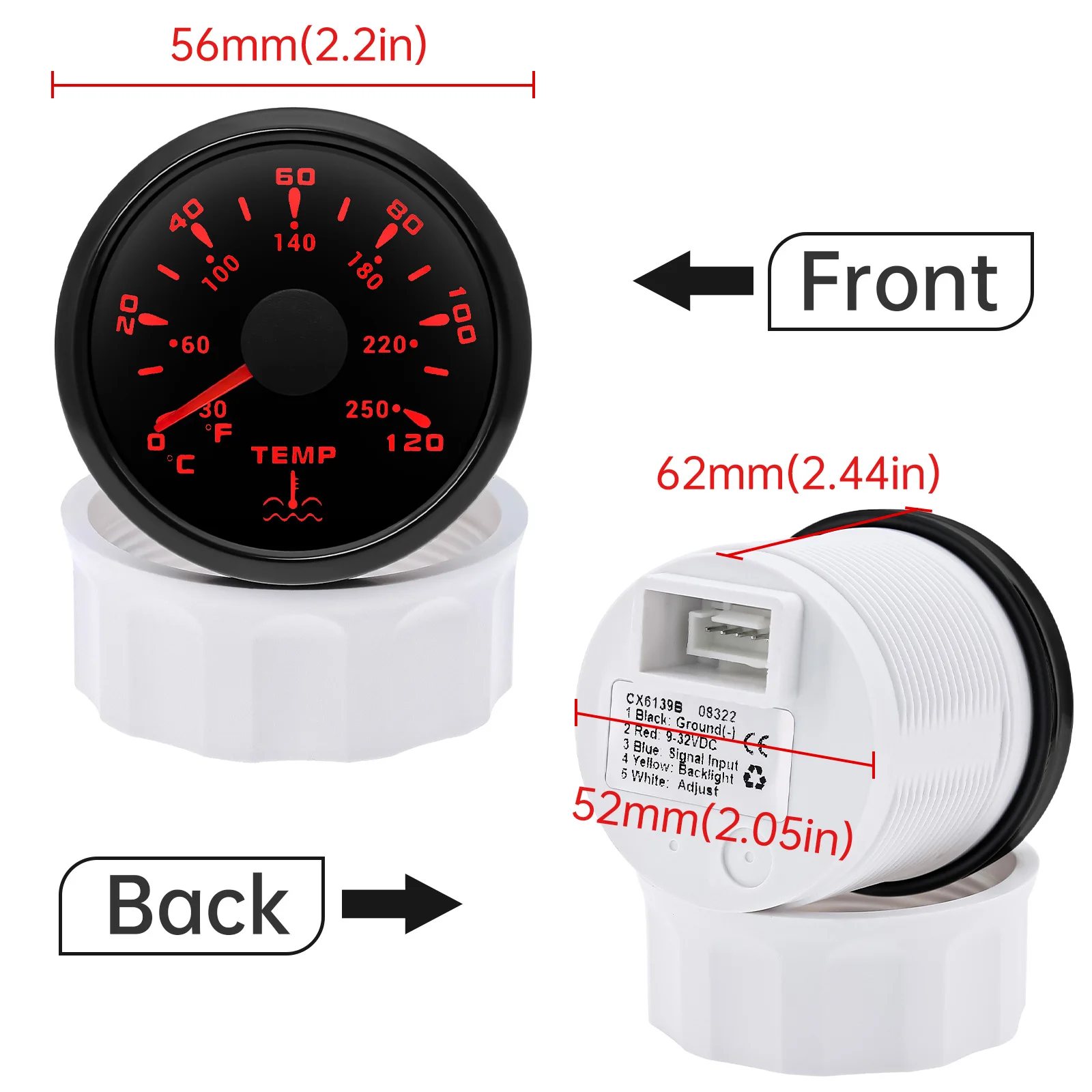 HD 52mm 7 Color LED Water Temp Gauge Black Water Temperature Meter Car Meter Gauge Accessories 0-120 Celsius 30-250 Fahrenheit