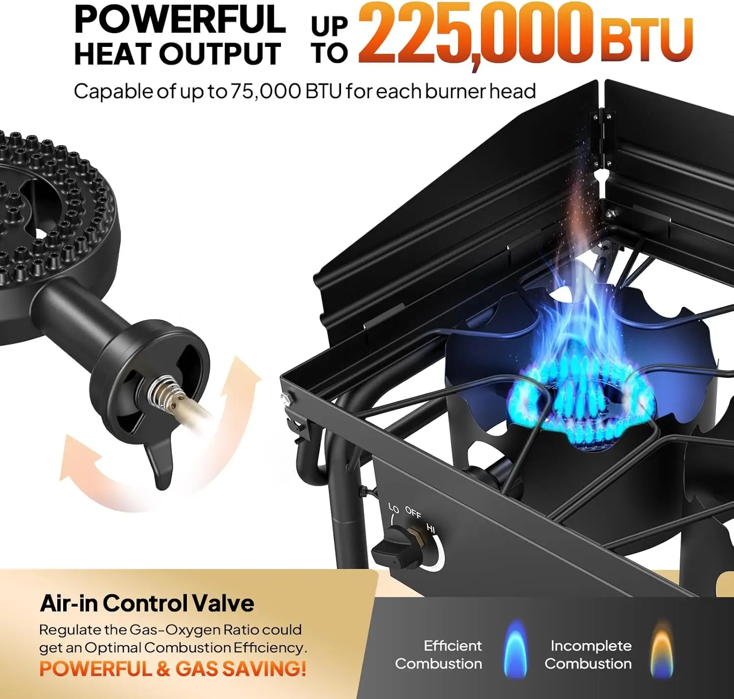 3 Burner Gas Stove with 2 Side Shelves, 225,000BTU Portable Propane Stove with Removable Leg, Wind Panel, Regulator for Camping 2