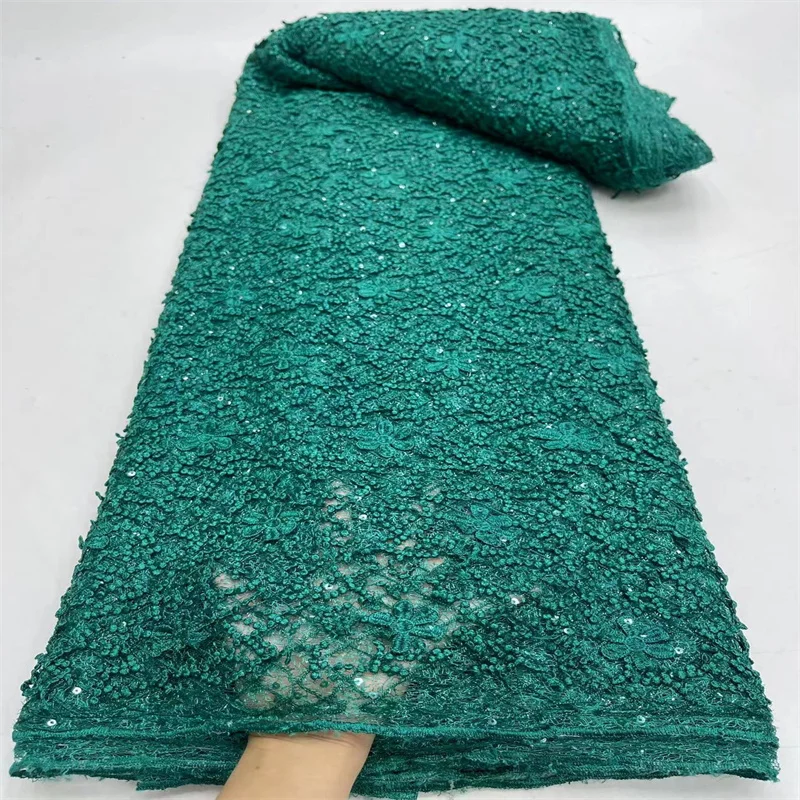 

African Lace Fabric with 3D Sequins High Quality Tulle Lace Nigerian Embroidery Lace Fabrics for Wedding Sewing Women Green