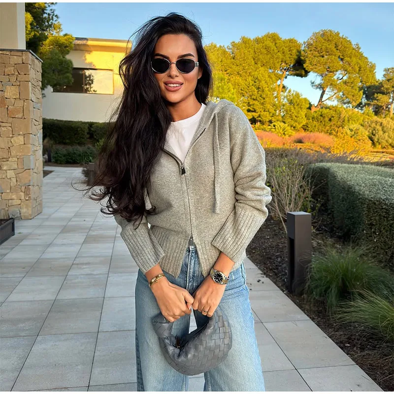 Casual Hooded Cardigans Women Gray Long Sleeve Soft Zipper Ribbed Sweater Female 2025 Spring Fashion Simple Slim-fit Top New