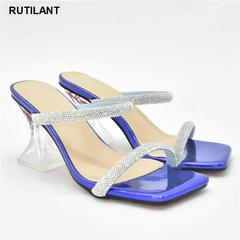 

New Arrival Rhinestone Wedding Shoes Fashion Summer Thin Heels Flip Flops Female High Heels Slides for Ladies Party Woman Pumps