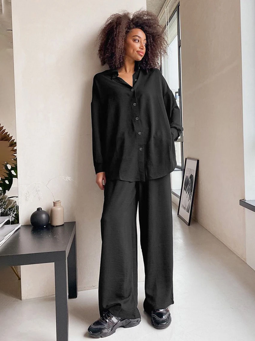 Marthaqiqi Home Clothes Women Long Sleeve Sleepwear Turn-Down Collar Nightwear Wide Leg Pants Winter Ladies Pajamas 2 Piece Set