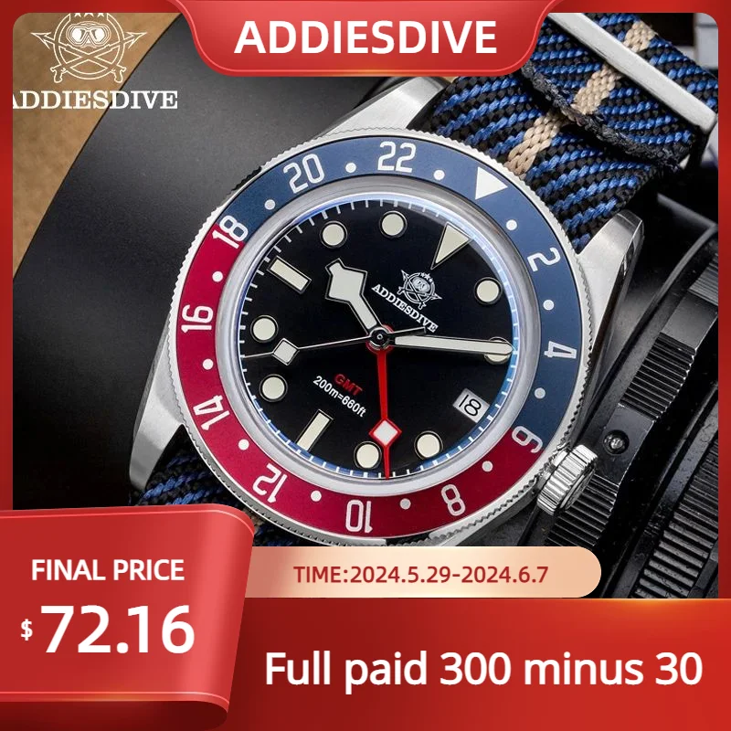 ADDIESDIVE NEW 39mm Business GMT Quartz Watches Bubble Mirror Glass Super Luminous Watch For Men 200m Dive Waterproof WristWatch