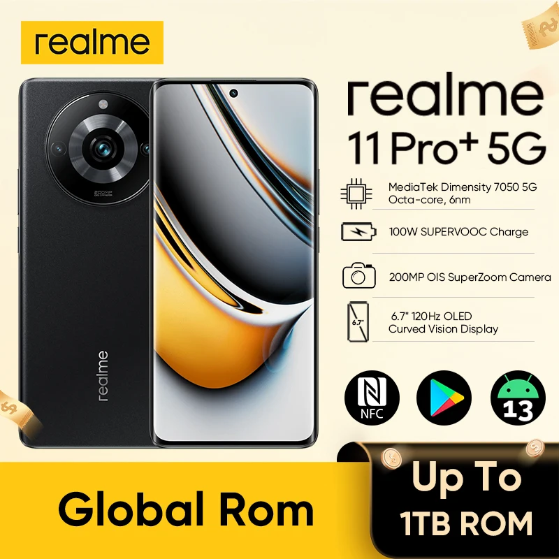 Global ROM realme 11 Pro Plus 5G Smartphone cellulari Android MTK 7050 1TB ROM 12GB RAM 120Hz FHD + 200MP OIS 100W cellulare