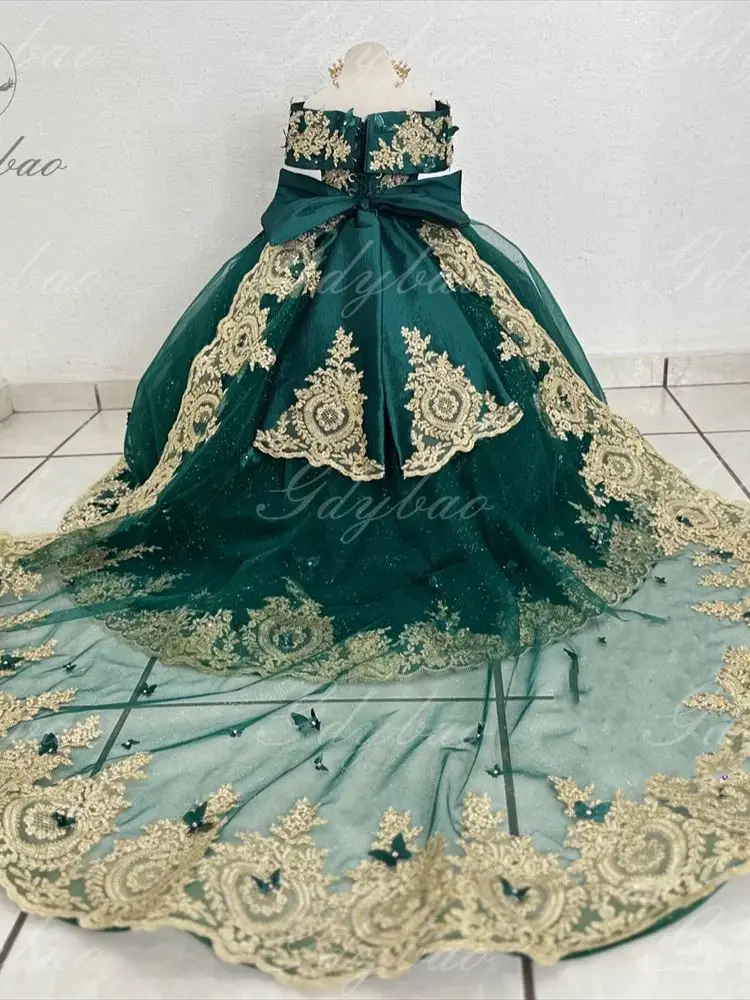 Flower Girls Dress Off The Shoulder Golden Appliques Children Birthday Party Gown flower girl dresses