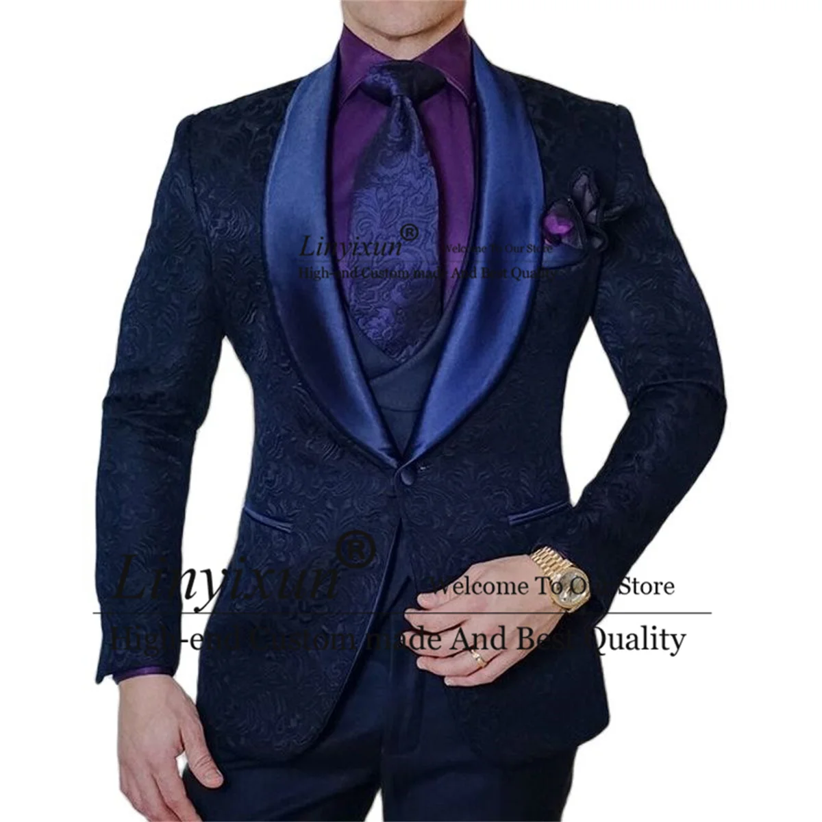 

Navy Blue Jacquard Wedding Suits for Men Shawl Lapel Groom Tuxedo 3 Pieces Set Fashion Male Prom Blazers Groomsmen Costume Homme
