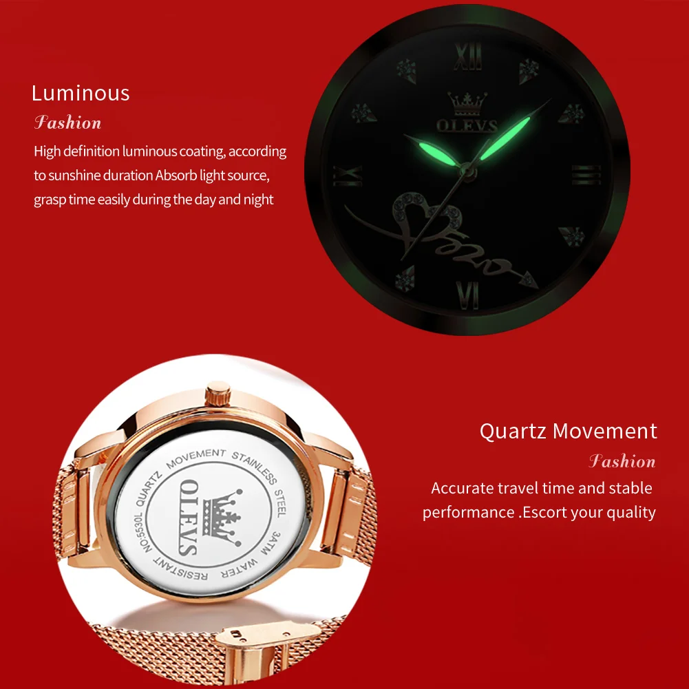 OLEVS Original Quartz Women's Watch Classic and Elegant Brand Stainless Steel Waterproof Luminescent Heart dial Women's Watch