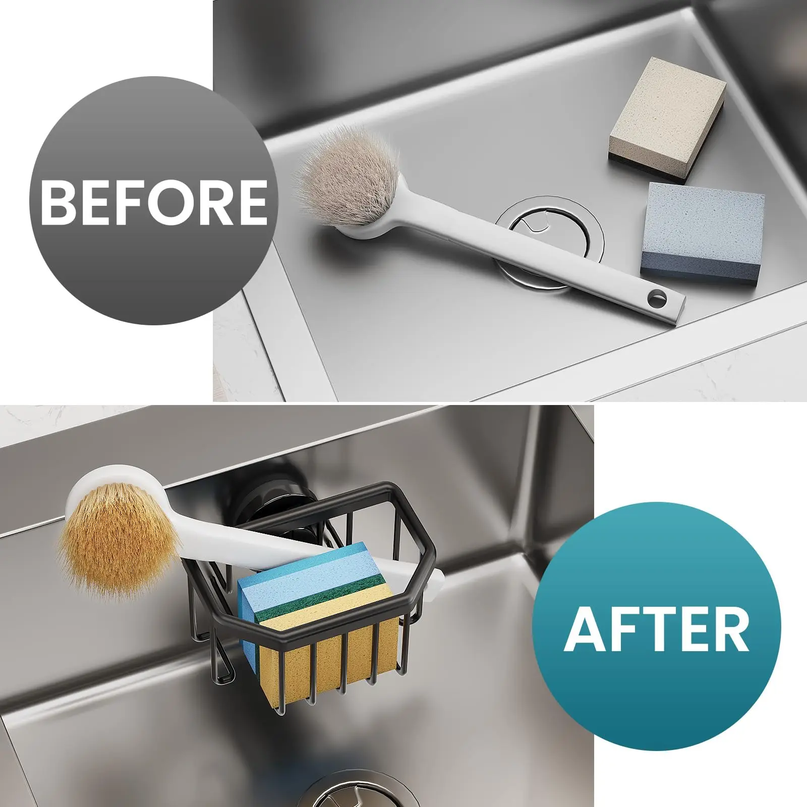 TAILI Strong Suction Cup Sponge Holder Black Dish Sponge Caddy Inside Sink Removable, Rustproof Aluminum for Sponges, Brushes 4