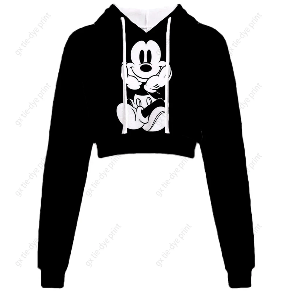 

Fashion Trend Disney Minnie Mickey Mouse Print Embossed Dew Navel Long Sleeve Hoodie Super Slim Female Short Sweater Y2K Top