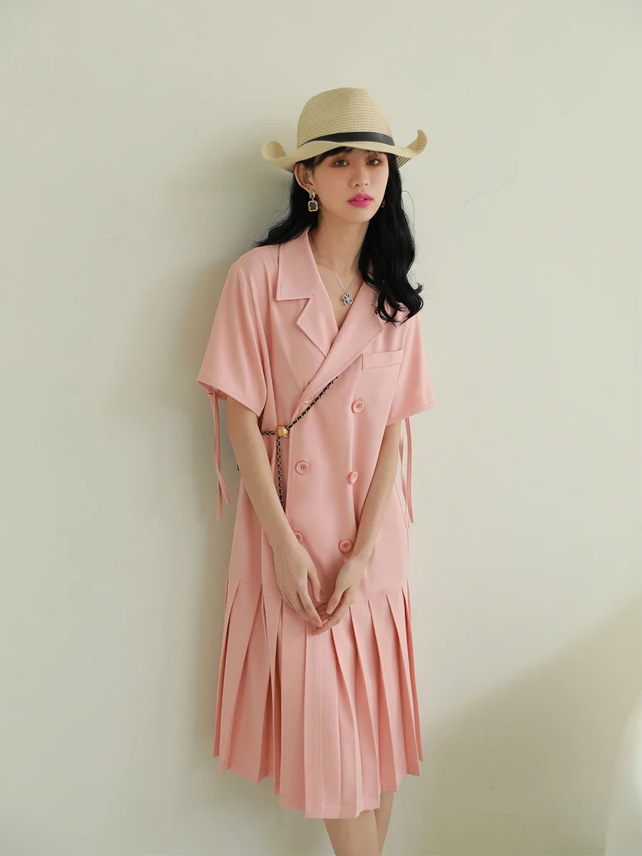 

Temperament Pink Dress Women's Summer Loose and Slim French Gentle Suit Collar Pleated Dress