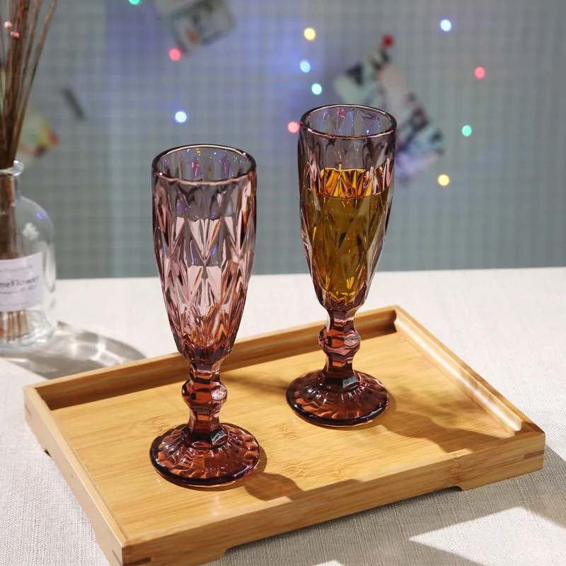 1 Piece 150ml 5oz Vintage Embossed Heavy Thick Clear Pink Green Blue Grey Colored Champagne Flute Glasses Goblet Cup 4