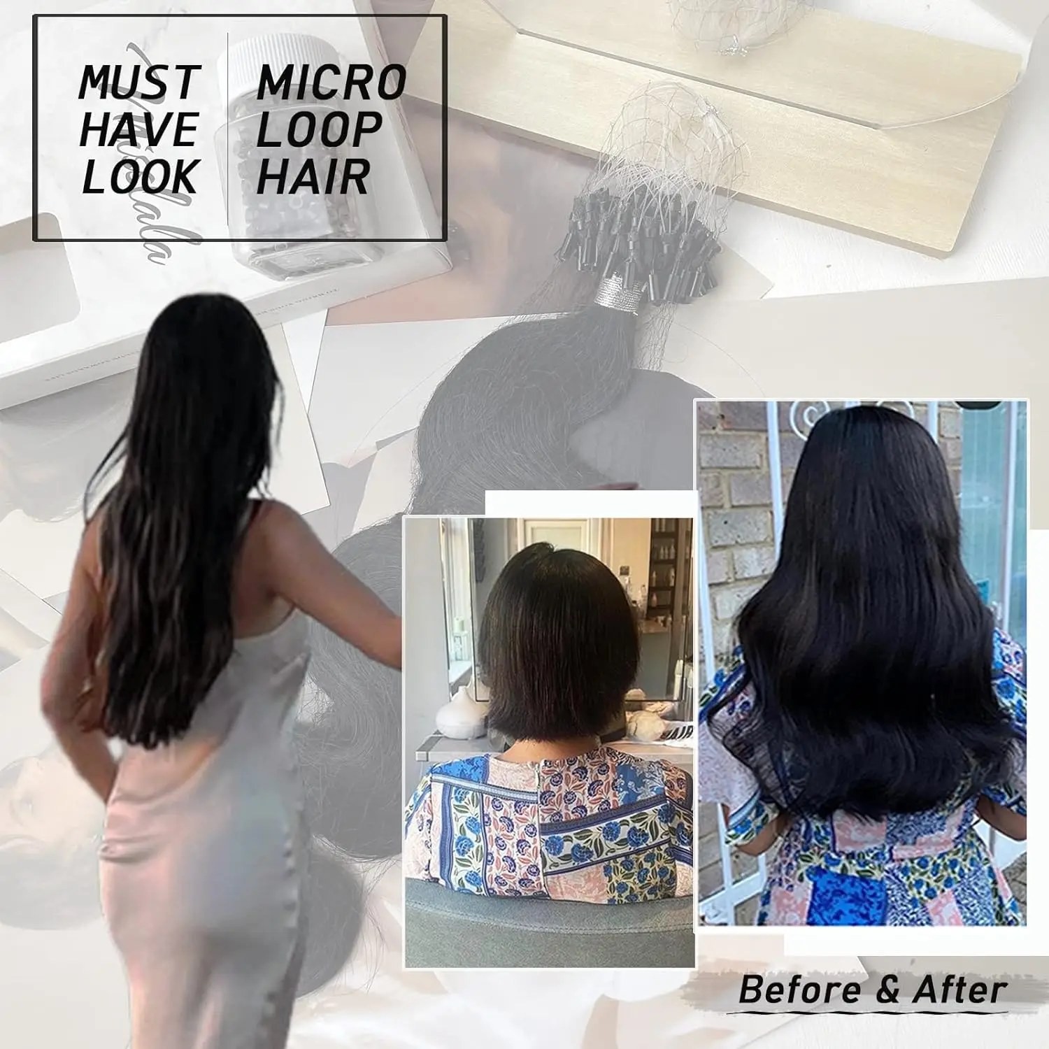 Body Wave Micro Loop Hair Extensions Stick Tipped Hair Fish Line Link Hairpiece Highlight Straight 50 Strands 50g Women #1B