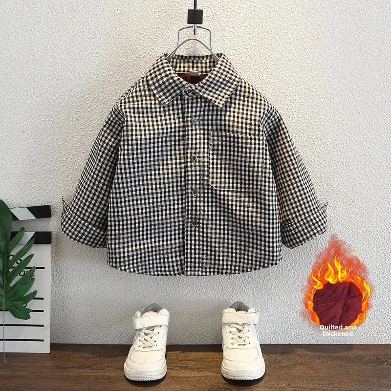 Thickened Pure Cotton Plaid Shirt for Boys Winter Style Korean Version Baby Fashionable Cotton Padded Trendy Design