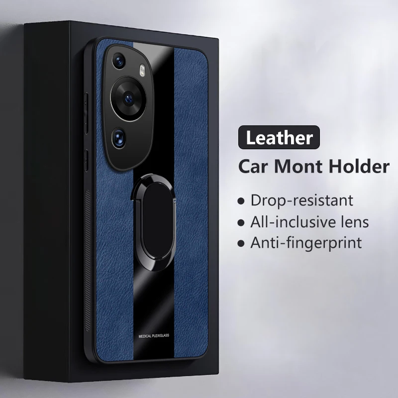 

Luxury Leather Case for Huawei P60 Art Plexiglass Car Magnetic Ring Holder Soft Edges Armor Shockproof Phone Cover HuaweiP60Art