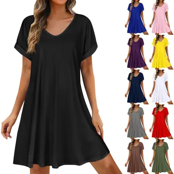 2025 Women Summer Dresses Sex Bikini Short Sleeve Casual Beach T-shirt Dress Round Neck Loose Swing Sundress 1