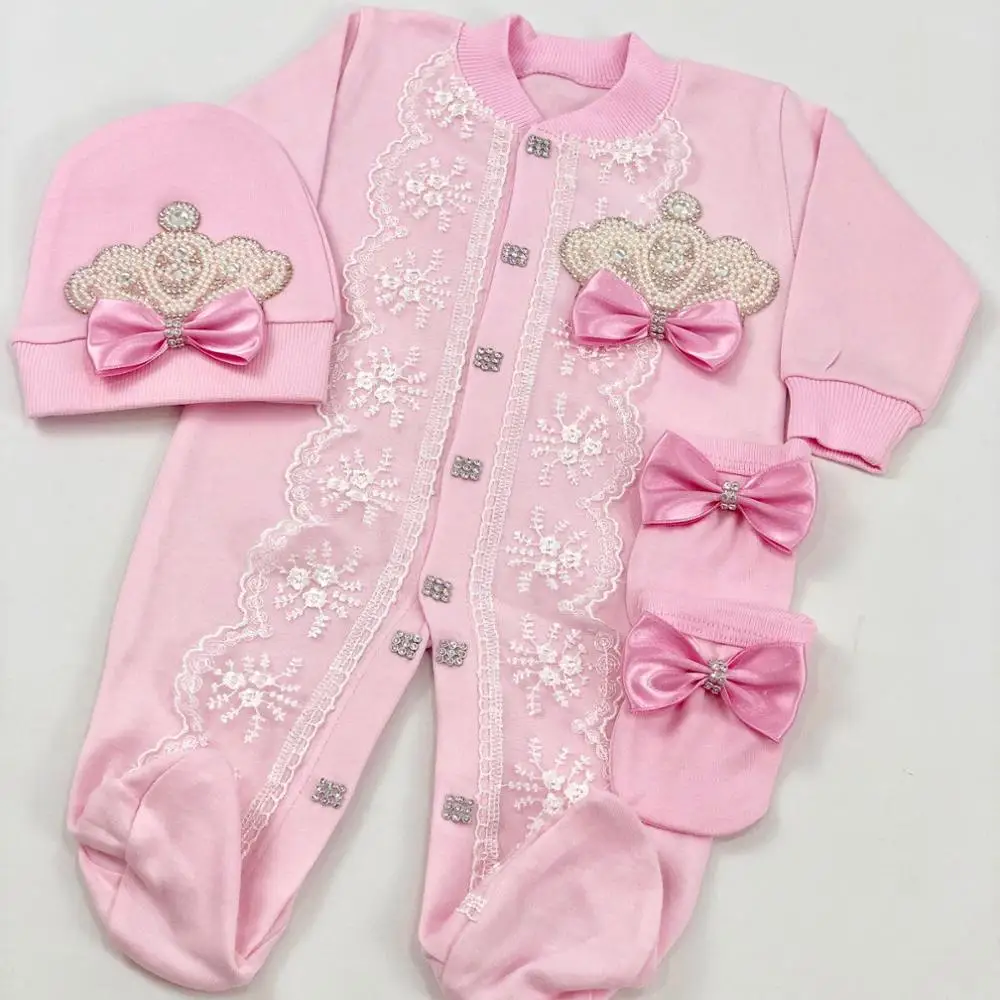 Dollbling 3 Pezzi Neonato Rosa Pizzo Abiti Nome Personalizzato Sleepsuit Nest Neonata Perlato Corona Tutina Regalo Battesimo