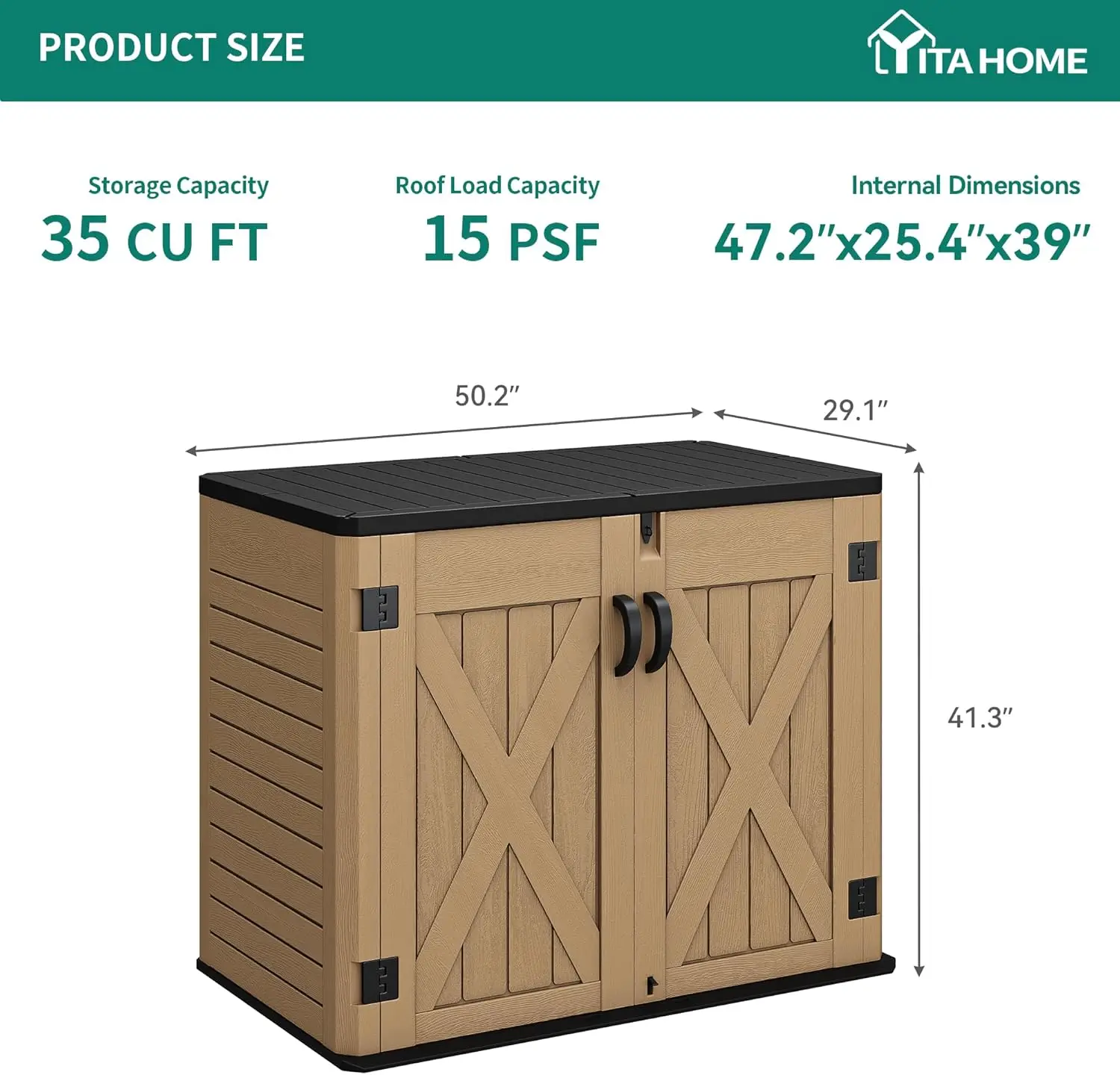 Large Outdoor Horizontal Storage Shed, 47 cu ft Resin Tool Shed w/o Shelf, Outdoor Waterproof Storage with Floor for Trash Cans 5