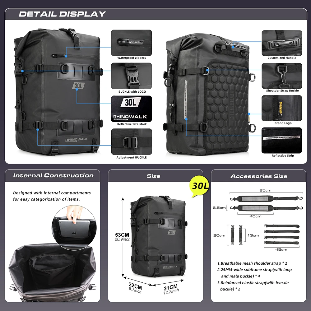 Rhinowalk-mochila impermeable para motocicleta, bolsa trasera Universal para exteriores, accesorios para SILLÍN, 8L, 15L, 30L