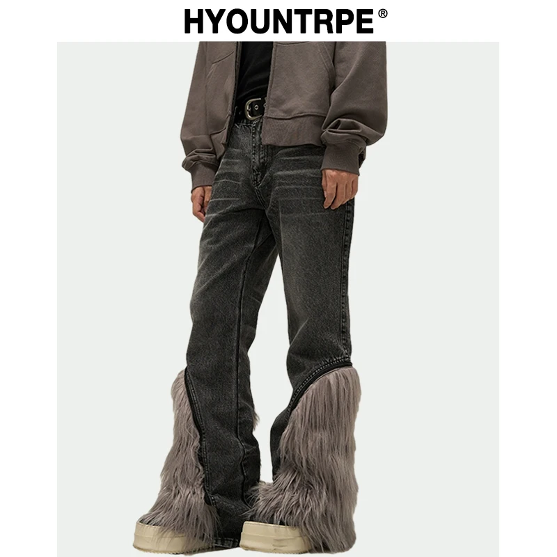 

Harajuku Denim Straight Jeans Men Trousers High Street Zipper Detachable Fur Bottom Streetwear Casual Loose Joggers Jean Pants