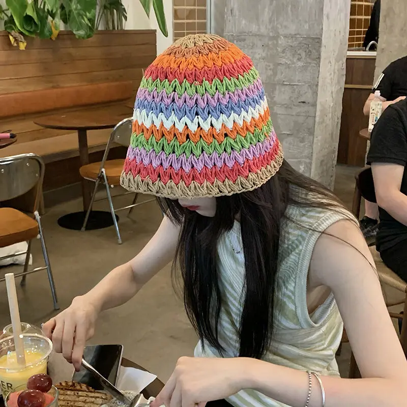 

Color Woven Straw Caps for Women Summer Hollow Breathable Show Face Small Bucket Hat Big Head Sunscreen Color Matching Sun Hats