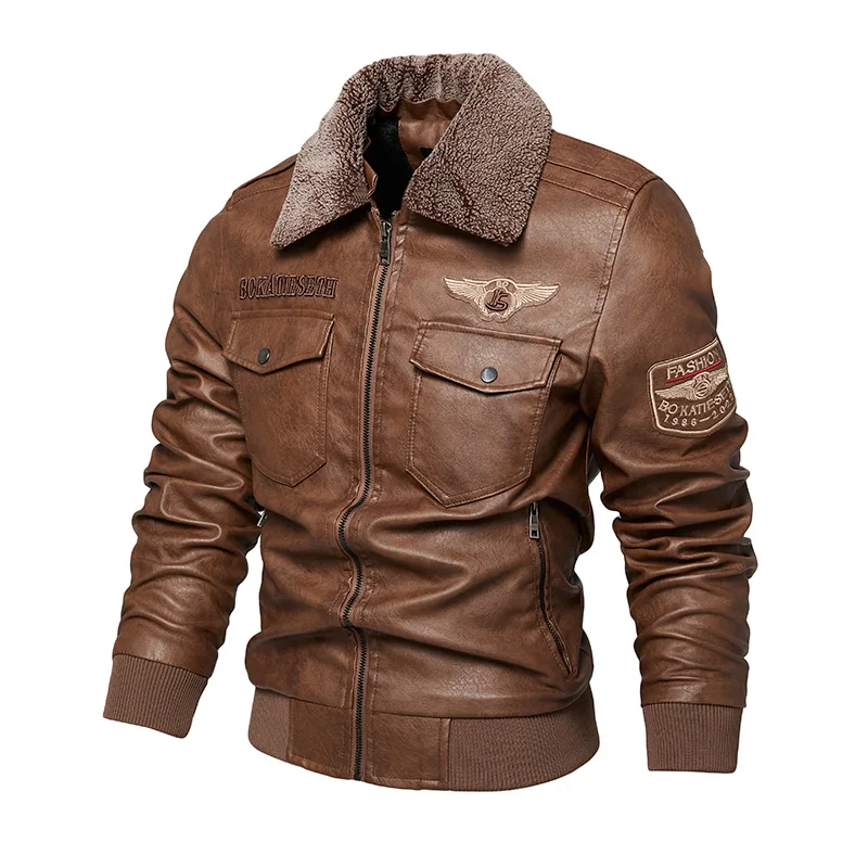 Winter Leather Jacket for Men's Casual and Fashionable Solid Color Windproof Fur Collar PU Coat Outdoor Bomber Flight Jacket