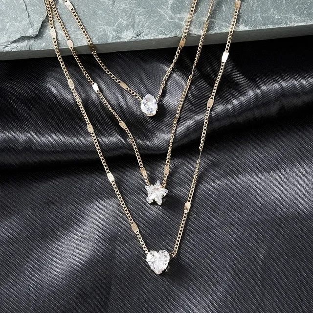 Cristal Zircon coeur étoile breloque couches pendentif collier ensemble pour femmes breloques mode carré strass femme Vintage bijoux