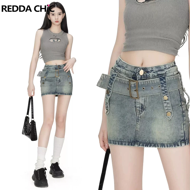 

Женская джинсовая мини-юбка REDDACHiC Grunge Y2k с поясом, пикантная облегающая короткая джинсовая юбка с высокой талией, стильная Корейская уличная одежда