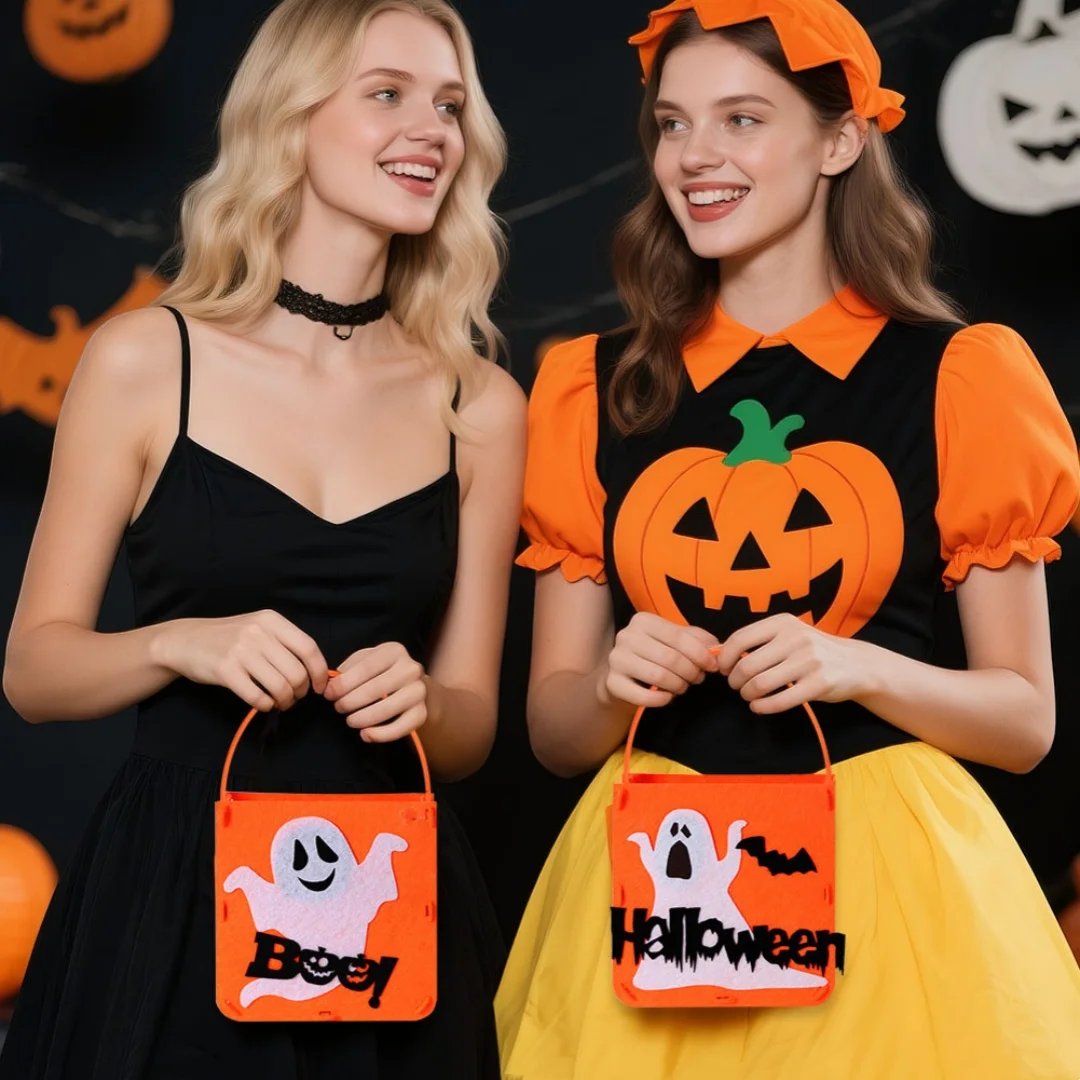 Halloween Felt Candy Bag Pumpkin Ghost Bat Demon Witch Handbag Trick or Treat Tote Bags for Kids Halloween Party Gift Bags