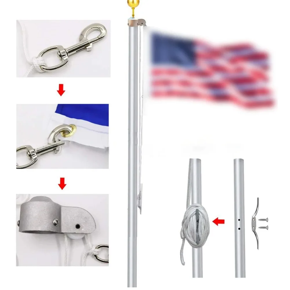 Aluminum Alloy Flag Pole Tool Set Nylon Braided Rope 3 Inch Golden Ball Flag Pole Hardware Repair Kit Metal Clips Upgrade