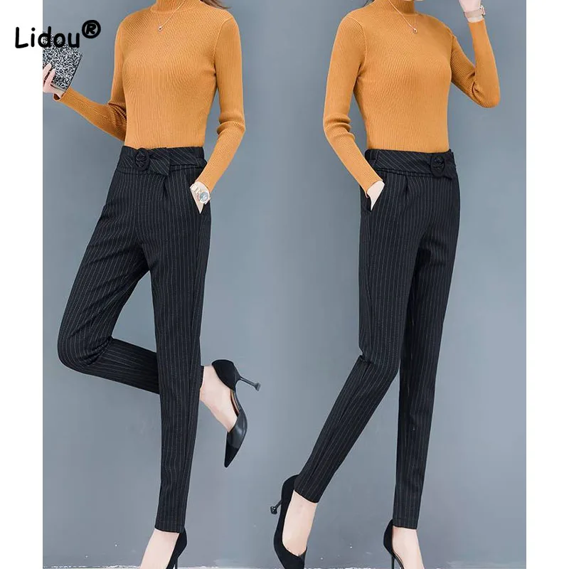 Office Lady Autumn Stylish Belt Striped Trousers Female Clothing Elegant Simplicity Women's High Waist Elastic Pencil Pants