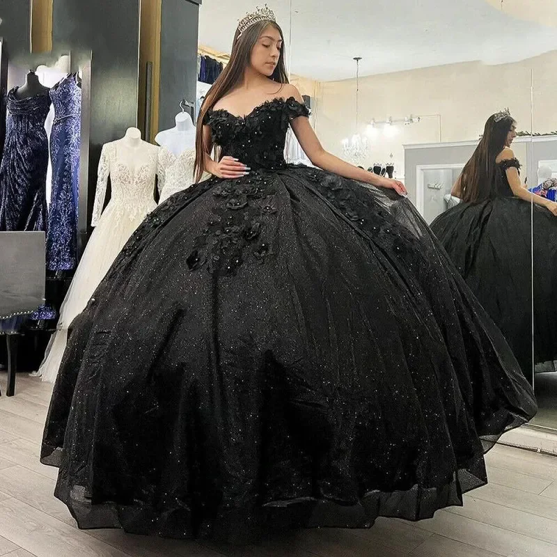 

ANGELSBRIDEP Black Princess Quinceanera Dresses Off Shoulder Lace Appliques Ball Gown Sweet 16 Dresses vestidos de 15 años