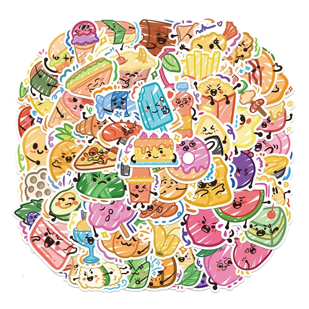 

2023 New Cute Cartoon Food Snacks Graffiti Stickers DIY Phone Case Water Cup Guitar Waterproof Sticker School Office Supplies